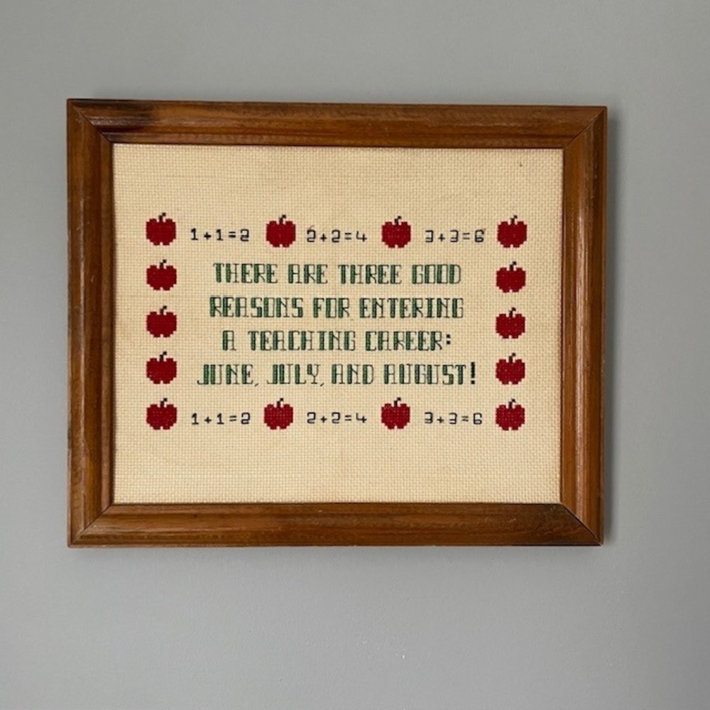 Vintage Teacher Cross Stitch Wall Art Framed Apple Sampler 1987 Gift Decor